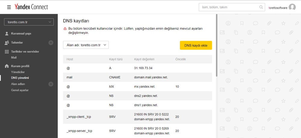 yandex connect mail dns kayıtları